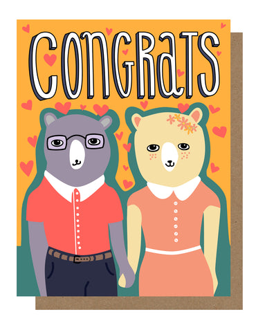 Image of two bears, surrounded by small hearts. Text reads ‘congrats’.