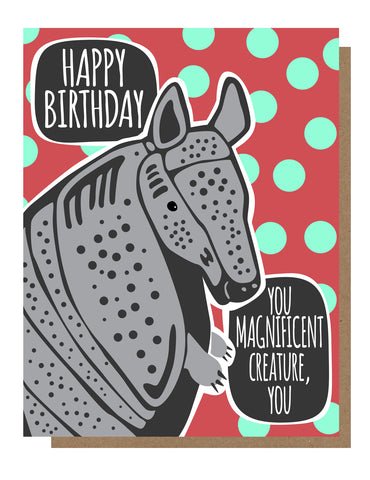 Image of armadillo on a red background with green dots. Text reads “Happy Birthday you magnificent creature you.”