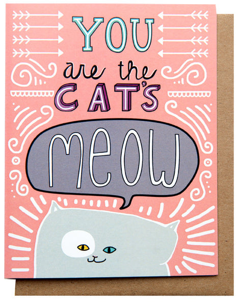 Image of a gray cat on a pink background with white doodles. Text reads ‘you are the cat’s meow’