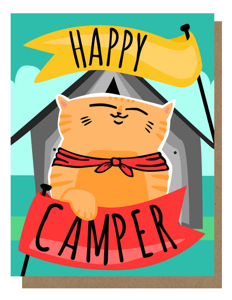 Greeting card with an illustration of an orange cat wearing a red bandana, sitting in a tent with a 'HAPPY CAMPER' banner.