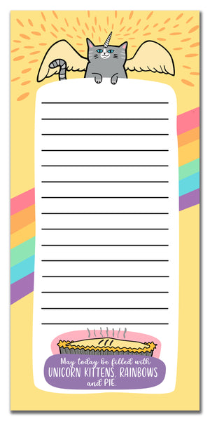 A colorful magnetic notepad with a cartoonish design, featuring a gray cat on a unicorn, with a rainbow background and a yellow border. Text reads “May today be filled with unicorn kittens, rainbows and pie.”