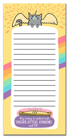 A colorful magnetic notepad with a cartoonish design, featuring a gray cat on a unicorn, with a rainbow background and a yellow border. Text reads “May today be filled with unicorn kittens, rainbows and pie.”