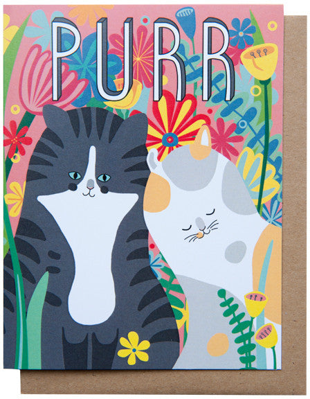 A greeting card with a colorful illustration of two stylized cats and flowers, with the word 'Purr' written at the top.