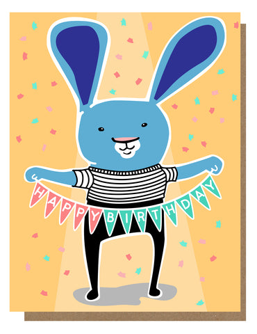 Illustrated image of a blue bunny holding a banner that says Happy Birthday.
