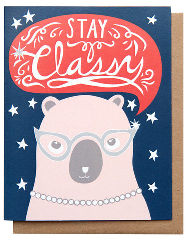 Image of a pink bear wearing stylized glasses and a speech bubble that says ‘stay classy’ on a dark blue background.