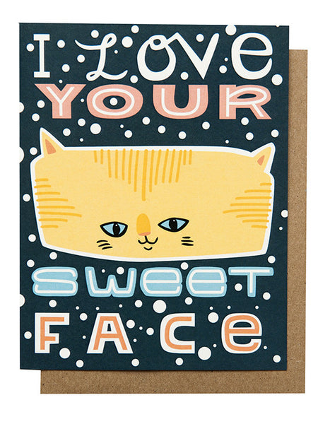 Greeting card with text 'I Love Your Sweet Face' and an illustration of a cat's face, surrounded by dot patterns, in a dark background.